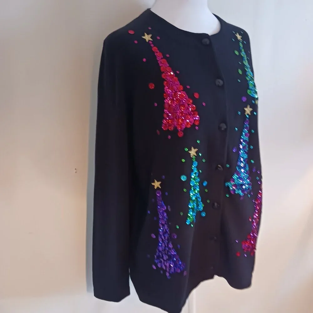Quaker Factory NWOT Black Christmas Cardigan W/ Multi Color Sequins, Size Med.